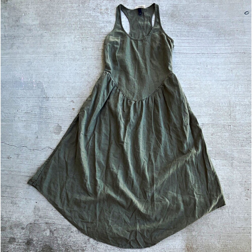 Olive A-Line Midi Tank Dress Womens XS Linen Blend Cottagecore Lagenlook